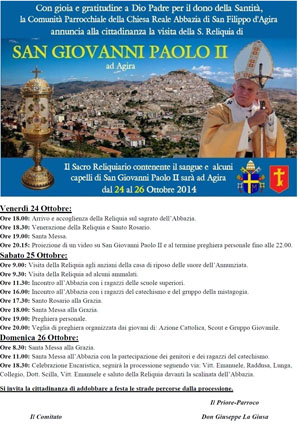 Agira, dal 24 al 26 ottobre l’Abbazia ospiterà le reliquie di San Giovanni Paolo II