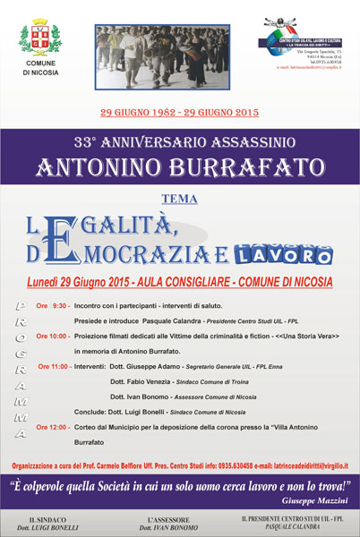 Nicosia, lunedì 29 giugno in aula consiliare verrà ricordato Antonino Burrafato vittima di mafia