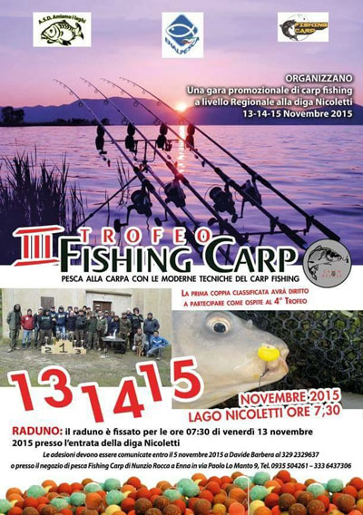 Leonforte, terza edizione del Trofeo Fishing Carp in programma dal 13 al 15 novembre presso la diga Nicoletti