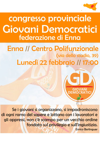 Lunedì 22 febbraio il II° Congresso dei Giovani Democratici della Provincia di Enna