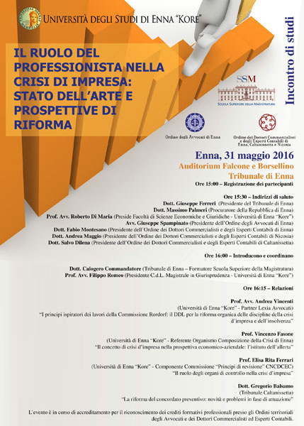 Enna, il 31 maggio seminario dell’ordine dei commercialisti sul ruolo del professionista nella crisi di impresa