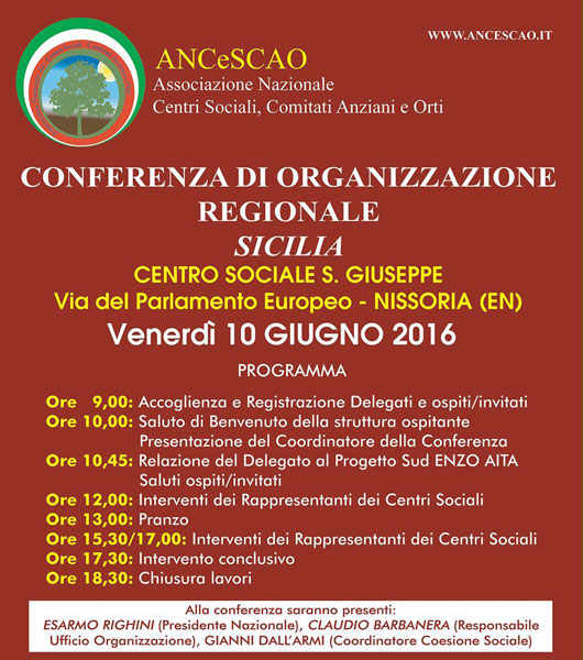 Nissoria, prevista il 10 giugno la conferenza di organizzazione regionale Sicilia che vedrà protagonisti i centri sociali Ancescao