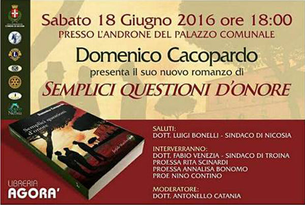 Nicosia, il 18 giugno presentazione del libro ‘’Semplici questioni d'onore’’