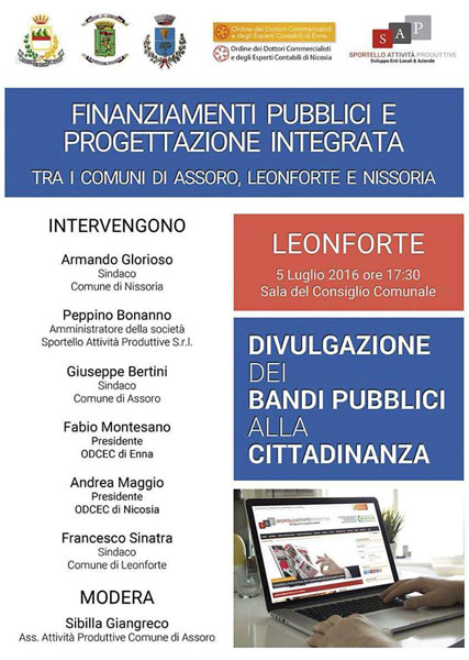 Il 5 luglio incontro pubblico sul tema ‘’Progettazione integrata tra i comuni di Leonforte, Assoro e Nissoria’’