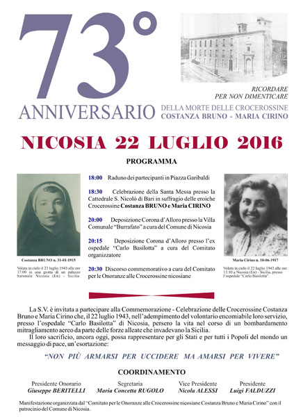 Nicosia, il 22 luglio verranno ricordate le crocerossine Costanza Bruno e Maria Cirino