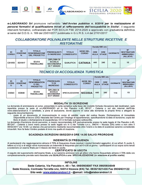 E-Laborando promuove corsi di formazione professionale indirizzati al turismo ed alla ricettività e ristorazione