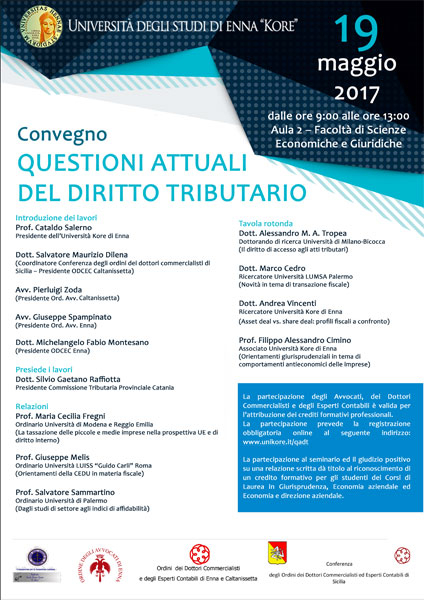 Enna, venerdì 19 maggio alla Kore convegno ‘’Questioni attuali del diritto tributario’’