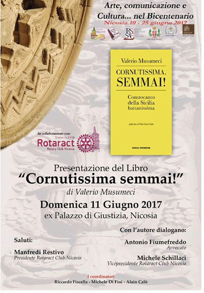 Nicosia, l’11 giugno verrà presentato il libro ‘’Cornutissima, Semmai !’’