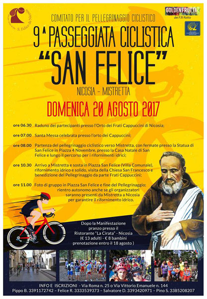 Nicosia, domenica 20 agosto la IX edizione della Passeggiata Ciclistica San Felice