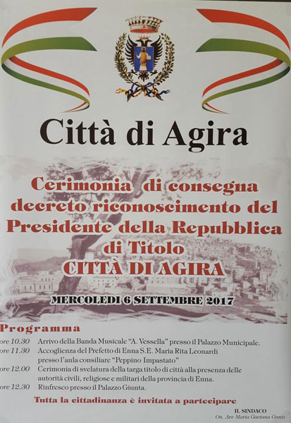 Agira, il 6 settembre la cerimonia per il riconoscimento del titolo di Città