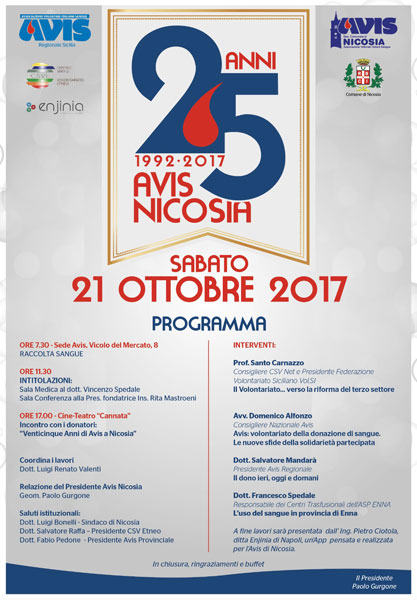 Il 21 ottobre si celebrano i 25 anni dell’Avis di Nicosia