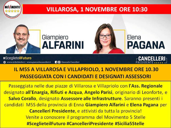 Il primo novembre a Villarosa e Villapriolo incontro con i candidati del M5S e gli assessori designati